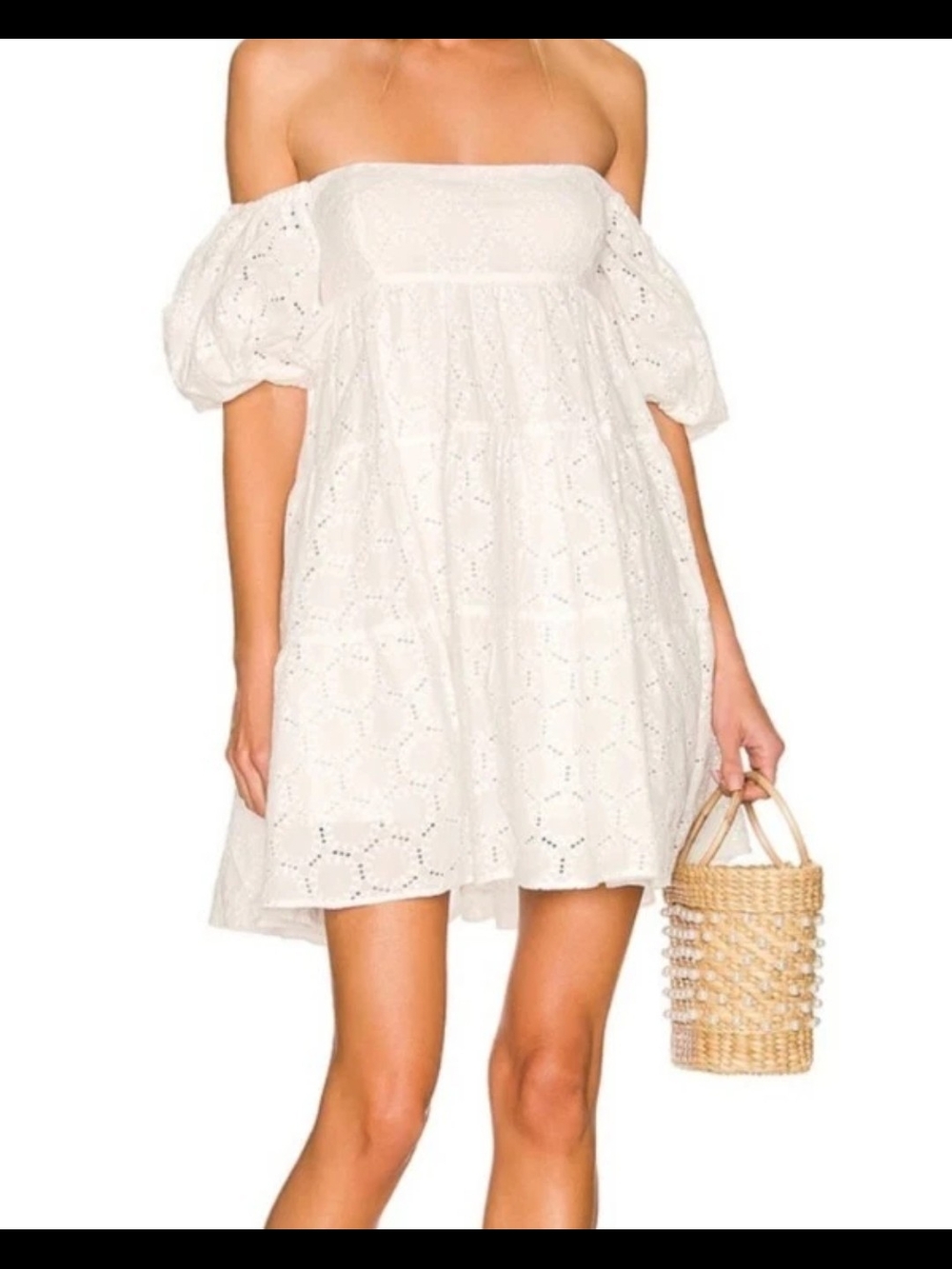 New Bardot Dress Size 10 White Eyelet Babydoll Mini Off Shoulder